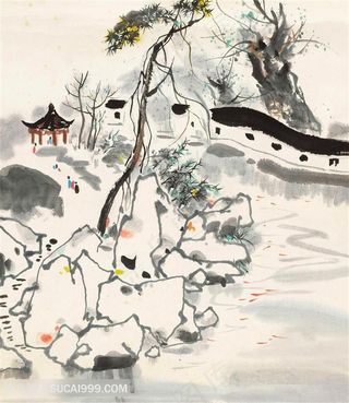 吴冠中手绘唯美树木庭院美景装饰画