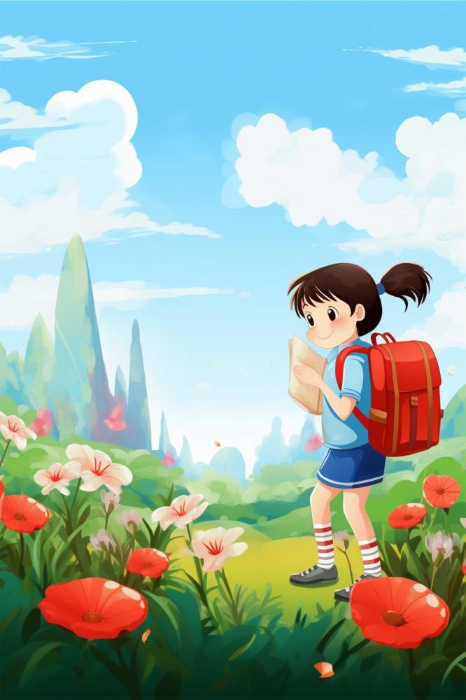 卡通女孩行走清新花草海报背景