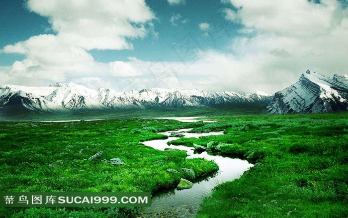 雪山下唯美草地河流