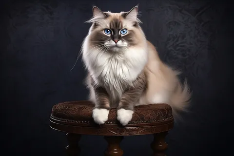 一只可爱的猫咪长毛坐着凳子上摄影图