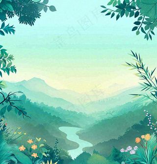 春天山脉小溪河流花丛绿植清新手绘插画，春分惊蛰