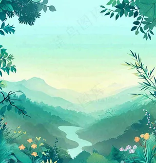春天山脉小溪河流花丛绿植清新手绘插画，春分惊蛰
