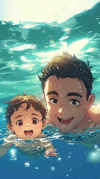 夏天游泳兄弟父子，父亲节父爱，清爽暑期夏至