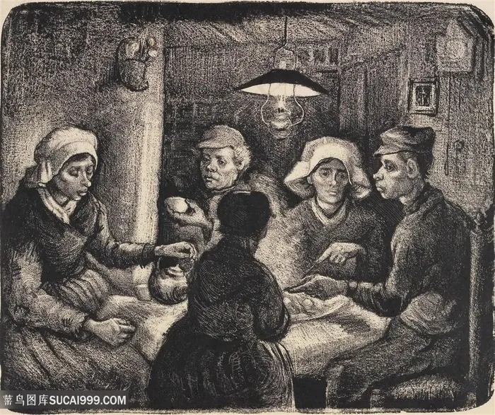 高清吃土豆的人素描人物插画