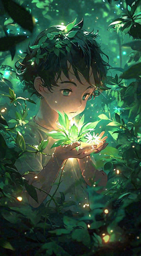 丛林里发着光的人，绿叶树林星光手绘插画(816x1472)