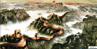 高山绿水日出万里长城装饰画PSD 免扣元素客厅装饰画高清背景图