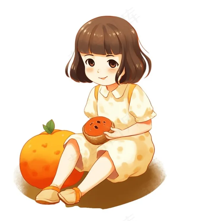 抱着南瓜的小女孩可爱卡通插画免抠(1024x1088)