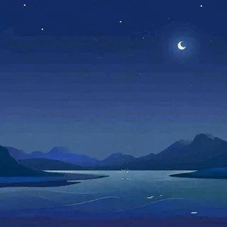 夜晚河面星空月亮唯美夜景扁平插画手绘