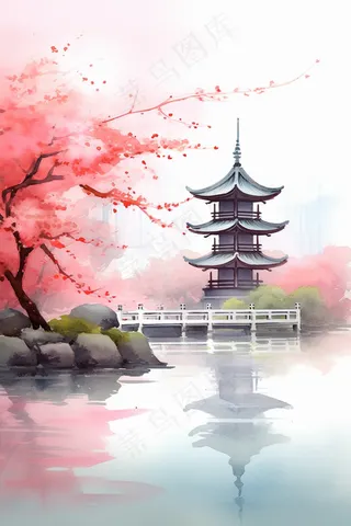 国风水墨画山水花卉唯美插画背景