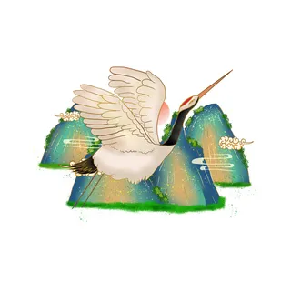 中国风国潮仙鹤山水插画手绘元素场景PSD设计素材