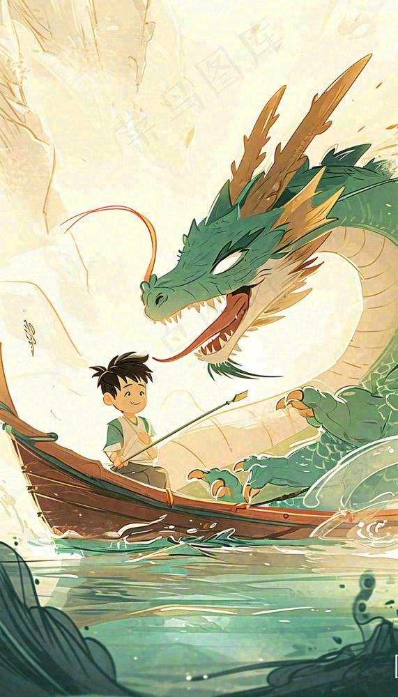 国风龙神话传说海面船只中国风插画(832x1456)