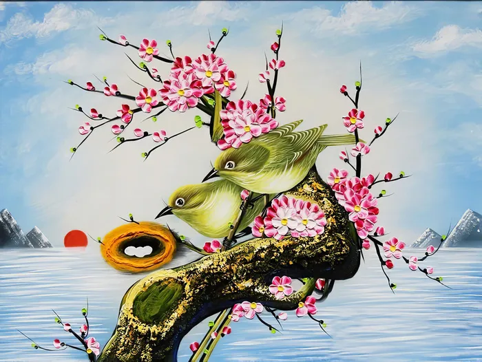 手绘花鸟蓝色背景