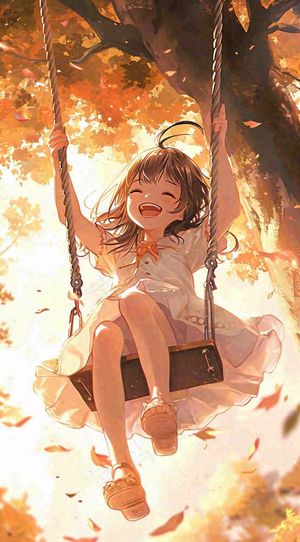 秋天秋叶少女儿童荡秋千玩耍，可爱手绘插画