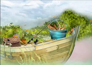 油画沐川钓鱼背景