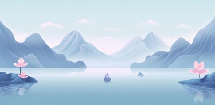山水画湖泊花背景(1200x587)