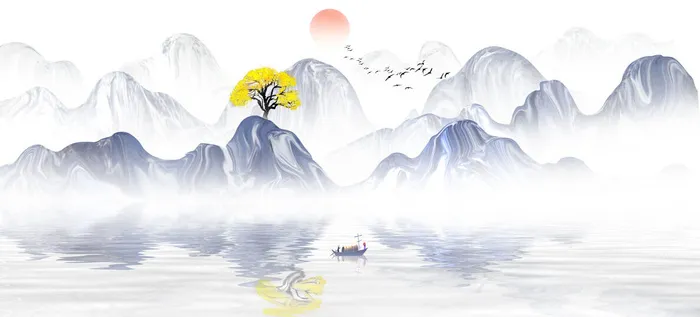 山川黄色树木景观画PSD素材psd模版下载