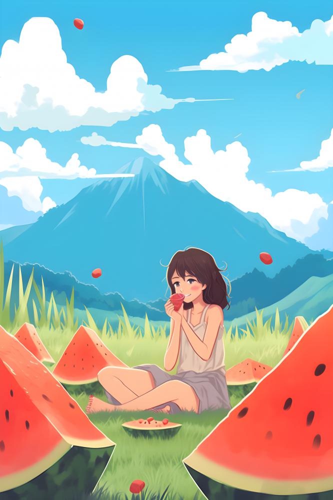 蓝天白云吃西瓜的女孩山草地插画背景(3584x5376)