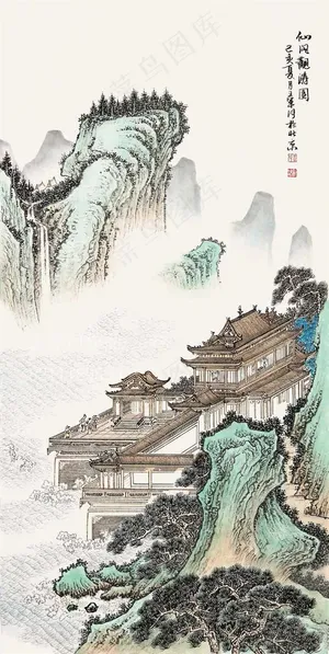 王军河传统山水作品《仙阁观涛图》 王军河传统山水作品《仙阁观涛图》