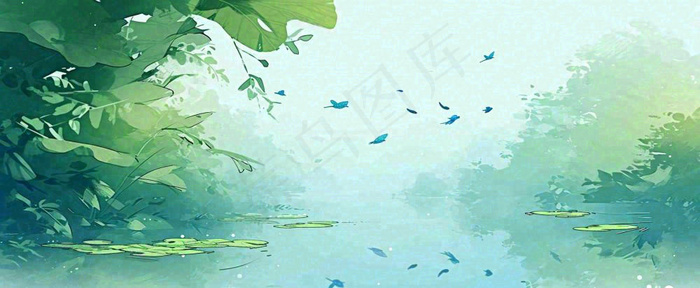 夏天池塘荷花池荷花荷叶河流插画手绘，夏至处暑小暑大暑(1712x704)