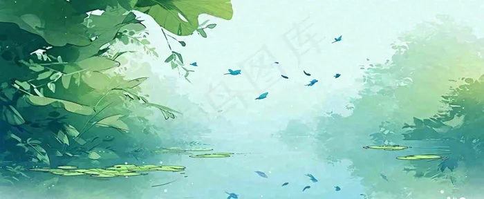 夏天池塘荷花池荷花荷叶河流插画手绘，夏至处暑小暑大暑(1712x704)