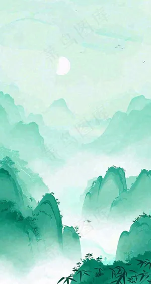 国风意境山水画落日绿色