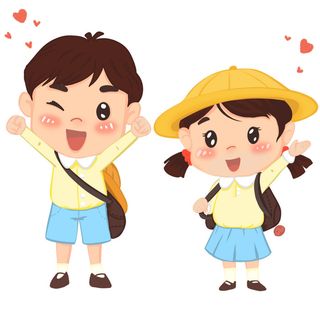 男孩女孩学生卡通开学季开心去上学元素新学期素材