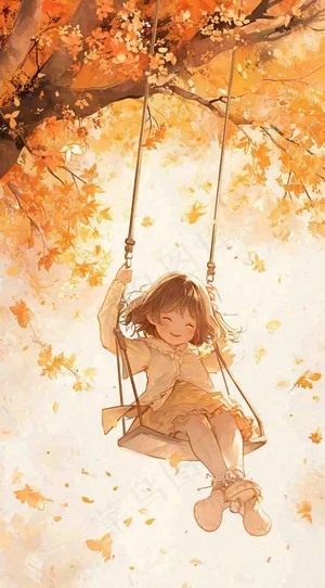 秋天落叶季节少女玩耍荡秋千，秋分儿童