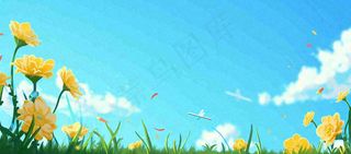 春天清新草地小花蓝天白云，鲜花向阳手绘插画