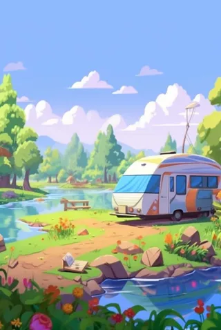 夏季野营清爽河水扁平背景