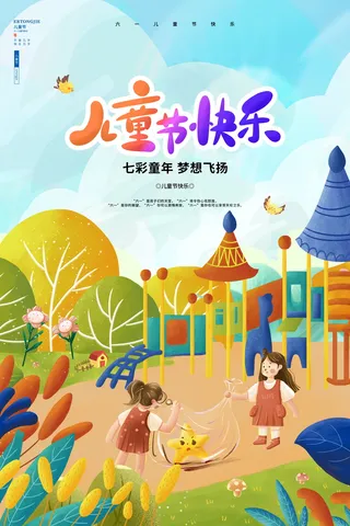六一儿童节卡通手绘风节日宣传海报