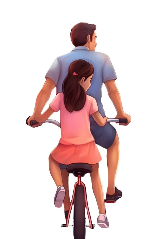 父亲骑自行车载着孩子免抠(1266x1900)