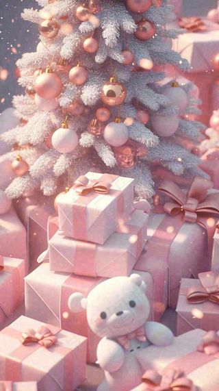 礼物粉色唯美C4D效果儿童小熊，圣诞树圣诞节