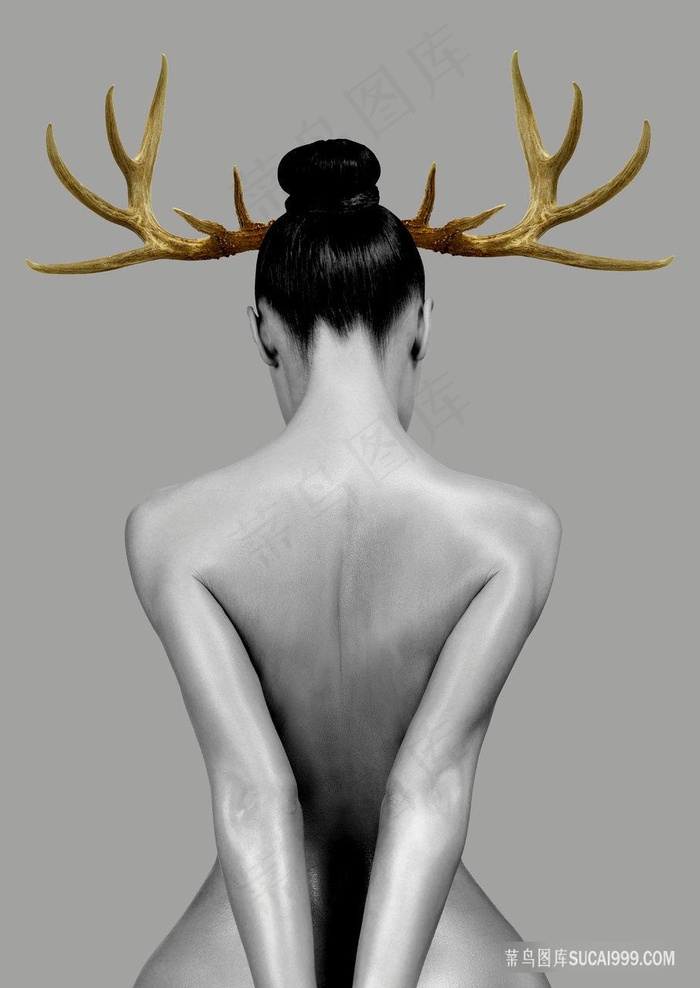 唯美鹿角美女黑白装饰画