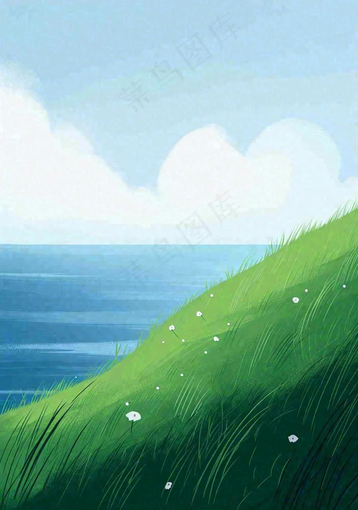 海边蓝天白云草地小花，春天清新海景(912x1296)