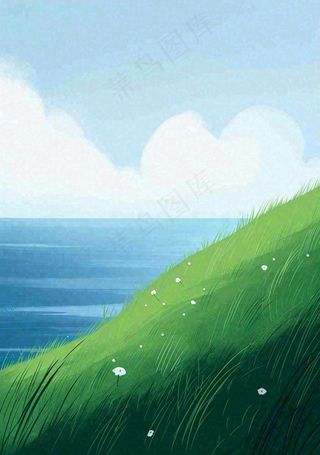 海边蓝天白云草地小花，春天清新海景
