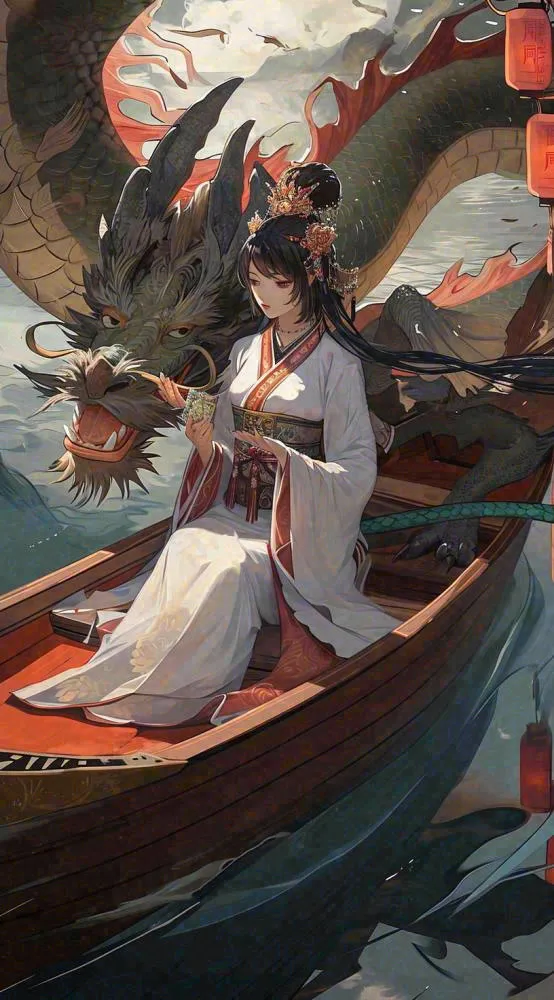 古风仙侠暗黑人物在河流上，龙中国风插画(816x1472)