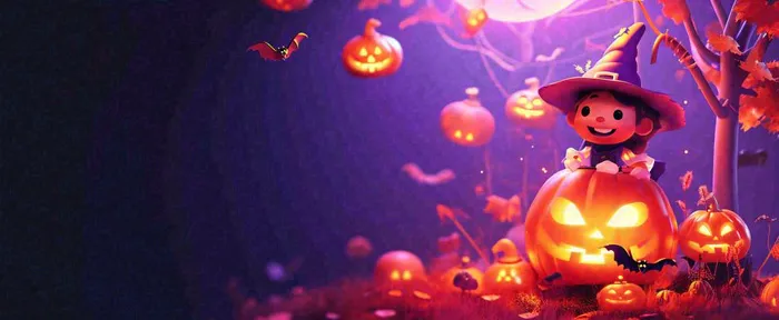 万圣节紫色黄南瓜黑色恐怖，疯狂奇幻鬼屋(1712x704)