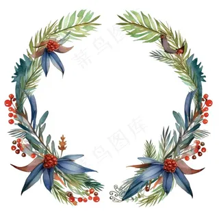 花环圣诞花环松球水彩免抠