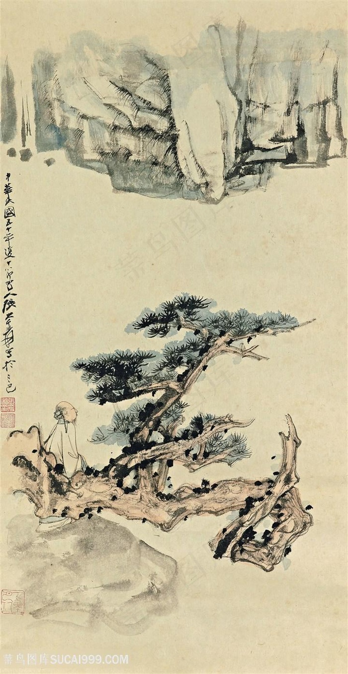 张大千手绘水墨松树风景画