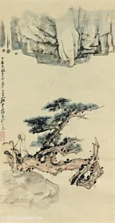 张大千手绘水墨松树风景画