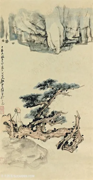 张大千手绘水墨松树风景画 张大千手绘水墨松树风景画