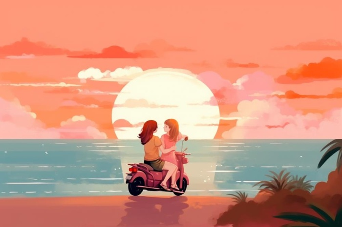 落日粉色自驾车旅行可爱插画背景(1344x896)