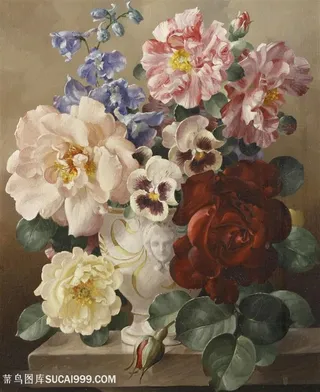 唯美白色瓷瓶中的花卉静物油画图片