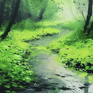 春天绿树成荫的树林里面小溪溪水飘着树叶和花瓣