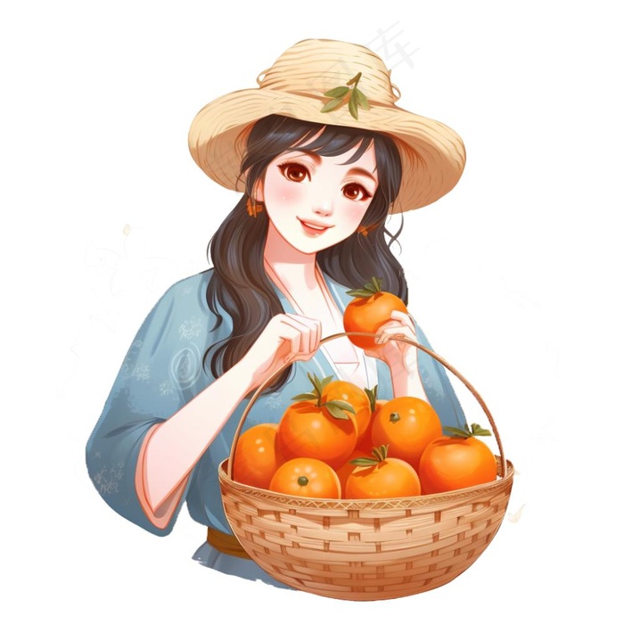 抱着一篮橘子的少女卡通插画免抠(1024x1024)