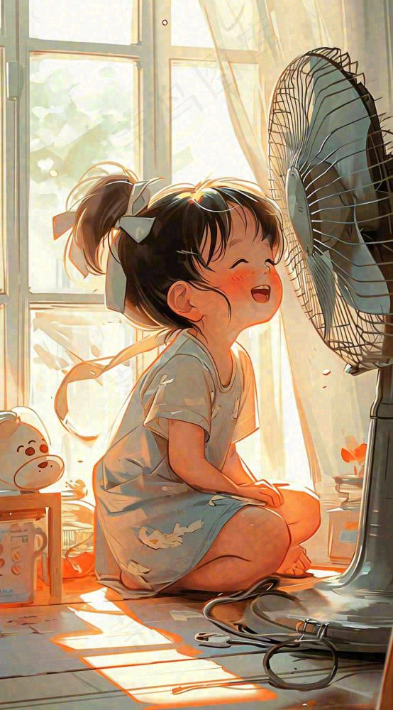 夏天风扇凉快清新儿童，阳光夏至手绘插画(816x1472)