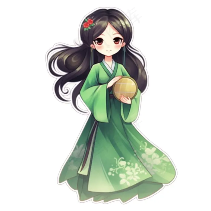 古风少女绿衣裙插画免抠(1024x1024)