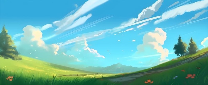 春天蓝天白云草原绿色树草地手绘插画海报素材背景(6848x2816)