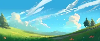 春天蓝天白云草原绿色树草地手绘插画海报素材背景