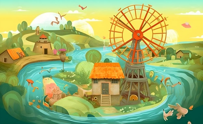 春天田园绿色自然风车水河流畜牧插画素材背景